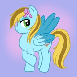 Size: 750x750 | Tagged: safe, artist:mediocremare, derpibooru import, oc, oc only, oc:lucky bolt, pegasus, pony, bow, female, hair bow, looking at you, mare, pegasus oc, pony oc, simple background, solo, standing, wings