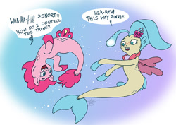 Size: 850x601 | Tagged: safe, artist:animatorwil, derpibooru import, pinkie pie, princess skystar, earth pony, seapony (g4), g4, atg 2024, bubble, dialogue, duo, duo female, female, gigglesnort, gradient background, happy, laughing, looking at each other, looking at someone, mare, newbie artist training grounds, open mouth, open smile, seaponified, seapony pinkie pie, signature, smiling, species swap, speech bubble, swimming, that pony sure does love being a seapony, underwater, upside down, water