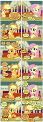 Size: 868x2436 | Tagged: safe, artist:dziadek1990, derpibooru import, edit, edited screencap, screencap, applejack, fluttershy, earth pony, pegasus, pony, g4, the saddle row review, cafe, comic, conversation, dialogue, female, food, fork, indoors, mare, pie, plate, screencap comic, seat, table, text