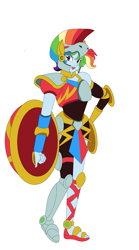 Size: 1505x2706 | Tagged: safe, artist:rockmangurlx, derpibooru import, rainbow dash, human, robot, equestria girls, g4, armor, female, helmet, looking at you, mega man, mega man (series), open mouth, open smile, robot master, roboticization, ruby spears, shield, simple background, smiling, smiling at you, solo, white background