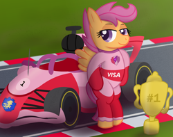 Size: 3500x2763 | Tagged: safe, artist:sweetielover, derpibooru import, scootaloo, pegasus, pony, g4, atg 2024, bipedal, car, clothes, cup, cutie mark crusaders, cutie mark on clothes, female, formula 1, high res, newbie artist training grounds, racing suit, solo, spread wings, standing, track, trophy, wings