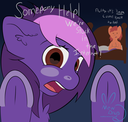 Size: 2200x2099 | Tagged: safe, artist:mew-drops, derpibooru import, ambiguous gender, ambiguous race, bed, dialogue, duo, funny, orange coat, orange mane, purple coat, purple mane, red eyes, two toned mane