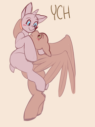 Size: 1920x2560 | Tagged: safe, artist:namelessplaza, derpibooru import, pegasus, pony, unicorn, blushing, carrying, commission, dock, duo, duo male and female, ears back, female, horn, hug, looking at each other, looking at someone, male, mare, partial color, simple background, smiling, spread wings, stallion, tail, tan background, wings, your character here