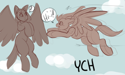 Size: 2560x1536 | Tagged: safe, artist:namelessplaza, derpibooru import, pegasus, pony, blush lines, blushing, cloud, commission, confused, dialogue, duo, excited, flying, happy, outdoors, sky, speech bubble, spread wings, tail, wings, your character here