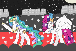 Size: 2835x1901 | Tagged: safe, artist:supahdonarudo, derpibooru import, princess celestia, queen novo, alicorn, classical hippogriff, hippogriff, pony, g4, atg 2024, camera flashes, carpet, city, cityscape, crowd, duo, duo female, famous, female, mare, moon, newbie artist training grounds, night, one eye closed, queen novo is not amused, red carpet, unamused, waving
