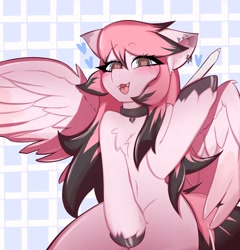 Size: 3440x3579 | Tagged: safe, artist:cheddart, derpibooru import, oc, oc:cheddart, pegasus, pony, belly button, bipedal, chest fluff, collar, drawing, ear fluff, ear piercing, ears, fangs, female, heart, heart eyes, human shoulders, mare, open mouth, piercing, pink, unshorn fetlocks, wingding eyes