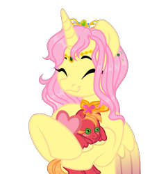 Size: 1828x2000 | Tagged: safe, alternate version, artist:vi45, derpibooru import, big macintosh, fluttershy, oc, oc only, oc:princess fluttershy, alicorn, pony, g4, 2024 community collab, alicorn oc, alicornified, alpha channel, alternate design, alternate hairstyle, alternate universe, au:friendship is kindness, commission, derpibooru community collaboration, doll, element of kindness, eyes closed, female, fluttercorn, fluttermac, gift giving, hearts and hooves day, horn, jewelry, letter, love letter, male, mare, race swap, shipping, simple background, smiling, solo, straight, tiara, toy, transparent background, wings, ych result