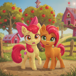 Size: 2048x2048 | Tagged: safe, ai content, derpibooru import, generator:pony diffusion v6 xl, generator:stable diffusion, machine learning generated, apple bloom, babs seed, earth pony, pony, g4, apple, apple tree, cousins, crying, duo, duo female, female, fence, filly, foal, prompter:venisoncreampie, sad, sweet apple acres, tree