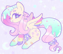 Size: 1582x1353 | Tagged: safe, artist:vivian reed, derpibooru import, fluttershy, pegasus, pony, bandaid, bandaid on nose, bow, clothes, cute, female, food, frosting, gradient legs, hairclip, looking back, mare, pastel, shyabetes, smiling, socks, solo, striped socks, tail, tail bow