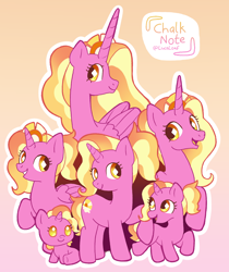 Size: 1524x1816 | Tagged: safe, artist:chalk_note, derpibooru import, luster dawn, alicorn, pony, unicorn, g4, alicornified, female, filly, filly luster dawn, foal, gradient background, grin, horn, looking at each other, looking at someone, lotster dawn, lustercorn, mare, multeity, older luster dawn, open mouth, open smile, race swap, raised hoof, raised leg, self paradox, self ponidox, signature, sitting, smiling, smiling at each other, solo, standing, time paradox