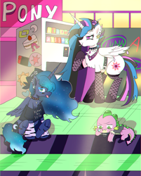 Size: 3513x4374 | Tagged: safe, artist:ruto_me, derpibooru import, princess celestia, princess luna, spike, alicorn, dragon, pony, g4, alternate hairstyle, bandage, bandana, belt, blame my sister, candy, choker, clothes, crepuscular rays, female, fishnet clothing, fishnet stockings, food, goth, graffiti, leg warmers, lollipop, makeup, male, mare, name, nintendo switch, piercing, punklestia, royal sisters, shirt, siblings, sisters, spiked choker, sticker, stockings, t-shirt, thigh highs, tongue, tongue out, trio, vending machine