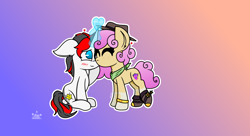 Size: 7920x4320 | Tagged: safe, artist:nhzahlin, derpibooru import, oc, oc:quickdraw, oc:starforce fireline, unicorn, boots, coat markings, commissioner:dhs, cowboy boots, cowboy hat, duo, freckles, gradient background, handkerchief, hat, heart, hoof ring, horn, magic, magic aura, shoes, socks (coat marking)