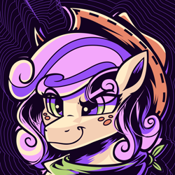 Size: 3000x3000 | Tagged: safe, artist:poxy_boxy, derpibooru import, oc, oc only, oc:quickdraw, abstract background, commissioner:dhs, cowboy hat, eyebrows, freckles, handkerchief, hat, raised eyebrow, smiling, smirk, smug, solo