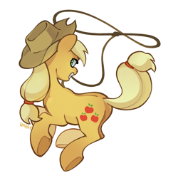 Size: 945x945 | Tagged: safe, artist:imbir, artist:imbirchk, derpibooru import, applejack, earth pony, pony, g4, applejack's hat, clothes, cowboy hat, female, hat, lasso, looking at you, looking back, looking back at you, mare, mouth hold, rope, simple background, solo, tail, underhoof, white background