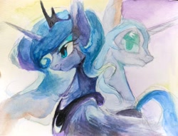 Size: 3817x2916 | Tagged: safe, artist:unclechai, derpibooru import, nightmare moon, princess luna, alicorn, crown, female, jewelry, looking at someone, regalia, traditional art, watercolor painting