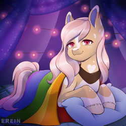 Size: 2000x2000 | Tagged: safe, alternate version, artist:erein, derpibooru import, oc, oc only, oc:peachy snaps, earth pony, pony, alternate character, bedroom, commission, ears up, earth pony oc, flag, garland, gay pride flag, high res, indoors, lgbt, looking at you, night, pillow, pride, pride flag, pride month, room, smiling, smiling at you, solo, string lights, tail, unshorn fetlocks, ych result