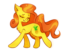 Size: 1749x1351 | Tagged: safe, artist:akva prapor, derpibooru import, oc, oc only, oc:anna pine, earth pony, pony, curly hair, curly mane, eyes closed, orange mane, pineapple, simple background, smiling, solo, white background, yellow coat