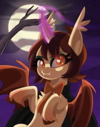 Size: 2158x2732 | Tagged: safe, artist:spookyle, derpibooru import, oc, oc only, oc:pumpkin patch, alicorn, bat pony, bat pony alicorn, pony, bat wings, horn, magic, moon, solo, tree, wings