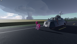 Size: 1858x1057 | Tagged: safe, derpibooru import, pinkie pie, pony, g4, female, game screencap, roblox, solo, tornado, tornado intercept vehicle, twisted (game), vehicle