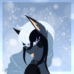 Size: 4320x4320 | Tagged: safe, artist:chazmazda, derpibooru import, oc, pony, :p, background, bust, colored, detailed, ears up, flat colors, hair highlight, head tilt, highlight, jewelry, long hair, necklace, portrait, smiling, snow, solo, tongue, tongue out, wide eyes