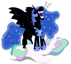 Size: 1852x1665 | Tagged: safe, artist:zeccy, derpibooru import, nightmare moon, princess celestia, alicorn, pony, atg 2024, defeated, duo, duo female, female, laughing, newbie artist training grounds, sharp teeth, simple background, teeth, transparent background