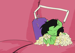Size: 1967x1392 | Tagged: safe, artist:ponny, derpibooru import, oc, oc only, oc:anon filly, earth pony, pony, can, colored, couch potato, drink, eating, female, filly, foal, food, meep, popcorn, smol, soda, soda can, sofa, solo, tiny, tiny ponies