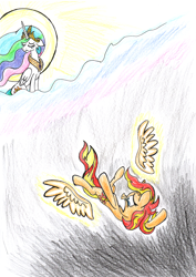 Size: 1344x1900 | Tagged: safe, artist:fleximusprime, derpibooru import, princess celestia, sunset shimmer, alicorn, unicorn, g4, atg 2024, crying, duo, duo female, falling, female, horn, newbie artist training grounds, wings