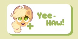 Size: 1600x810 | Tagged: safe, artist:mirtash, derpibooru import, part of a set, applejack, earth pony, pony, g4, applejack's hat, blonde, blonde mane, button, cheek fluff, clothes, colored eyelashes, colored pinnae, cowboy hat, cream background, ear fluff, ears, eyelashes, female, freckles, green eyelashes, green eyes, green text, hat, head only, looking up, mare, miiverse, open mouth, open smile, orange coat, plus sign, ponytail, reaction image, shadow, shiny eyes, simple background, smiling, solo, stetson, teeth, text, tied mane, yeah! (miiverse), yeehaw