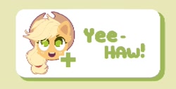 Size: 1600x810 | Tagged: safe, artist:mirtash, derpibooru import, part of a set, applejack, earth pony, pony, g4, applejack's hat, blonde, blonde mane, button, cheek fluff, clothes, colored eyelashes, colored pinnae, cowboy hat, cream background, digital art, ear fluff, ears, eyelashes, female, freckles, green eyelashes, green eyes, green text, hat, head only, looking up, low quality, mare, miiverse, open mouth, open smile, orange coat, pixel art, plus sign, ponytail, reaction image, shadow, shiny eyes, simple background, smiling, solo, stetson, teeth, text, tied mane, yeah! (miiverse), yeehaw