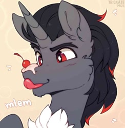 Size: 660x676 | Tagged: safe, artist:trickate, derpibooru import, oc, oc only, oc:supershadow_th, pony, unicorn, bust, cheek fluff, cherry, chin fluff, ear fluff, ears, food, food on face, horn, male, mlem, not sombra, portrait, red eyes, silly, solo, stallion, tongue, tongue out