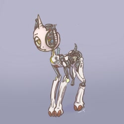 Size: 1343x1343 | Tagged: safe, artist:tuskonline, derpibooru import, oc, oc only, pony, robot, robot pony, blue background, golden eyes, gradient background, horn, looking at you, metal, missing limb, ribcage, simple background, solo, tube, wires