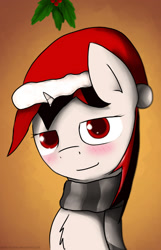 Size: 1092x1692 | Tagged: safe, artist:makc-hunter, derpibooru import, oc, oc only, oc:blackjack, fallout equestria, fallout equestria: project horizons, bedroom eyes, blush lines, blushing, chest fluff, christmas, clothes, fanfic art, female, hat, holiday, horn, mare, mistletoe, orange background, santa hat, scarf, simple background, small horn, smiling, striped scarf