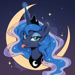 Size: 1024x1024 | Tagged: safe, ai content, derpibooru import, generator:pony diffusion v6 xl, generator:stable diffusion, machine learning generated, princess luna, alicorn, pony, g4, :p, crescent moon, gradient background, magic, moon, prompter:gullveigai, solo, tongue, tongue out