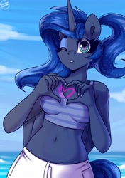 Size: 3300x4700 | Tagged: safe, artist:shadowreindeer, derpibooru import, princess luna, anthro, g4, alternate hairstyle, beach, belly button, breasts, clothes, cute, female, flowing mane, flowing tail, heart, heart hands, looking at you, lunabetes, midriff, ocean, one eye closed, ponytail, reasonably sized breasts, solo, summer, sunlight, tail, tanktop, water, wink, winking at you