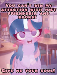 Size: 2043x2721 | Tagged: safe, artist:sodapop sprays, derpibooru import, twilight sparkle, twilight sparkle (alicorn), alicorn, pony, caption, chest fluff, commission, ear fluff, ears, library, looking at you, meme, solo, text, your character here