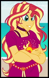 Size: 1159x1840 | Tagged: safe, artist:xxxlauravalentinexxx, derpibooru import, sunset shimmer, human, equestria girls, g4, beach, crossed arms, female, solo