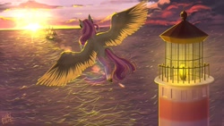 Size: 2560x1440 | Tagged: safe, artist:pikinas13, derpibooru import, oc, oc only, oc:radiopony, pegasus, pony, backlighting, flying, lighthouse, ocean, pegasus oc, ship, solo, spread wings, sun, water, wings