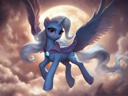 Size: 3200x2400 | Tagged: safe, ai content, derpibooru import, editor:derp621, generator:pony diffusion v6 xl, generator:stable diffusion, machine learning generated, trixie, alicorn, pony, g4, alicornified, cape, clothes, cloud, cloudy, female, flying, looking at you, mare, moon, moonlight, prompt in description, prompter:derp621, race swap, solo, spread wings, trixiecorn