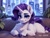 Size: 1024x768 | Tagged: safe, ai content, derpibooru import, generator:stable diffusion, machine learning generated, rarity, pony, unicorn, g4, blushing, chest fluff, city, cityscape, eyelashes, eyeshadow, hooves, horn, indoors, looking at you, lying down, makeup, plant, pretty, prompter:raif, prone, smiling, smiling at you, sofa, solo, window