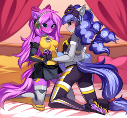 Size: 1554x1444 | Tagged: safe, alternate version, artist:airiniblock, derpibooru import, oc, oc only, oc:cinnabyte, oc:lillybit, anthro, earth pony, anthro oc, bed, bedroom, bow, earth pony oc, female, headphones, mare, outfit