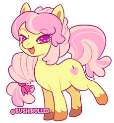 Size: 1032x1121 | Tagged: safe, artist:sushirolled, derpibooru import, oc, oc only, oc:pink lady apple, earth pony, pony, earth pony oc, open mouth, open smile, pink hair, pink mane, pink tail, simple background, smiling, solo, tail, transparent background, yellow coat