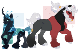 Size: 8173x5305 | Tagged: safe, artist:glorymoon, derpibooru import, lord tirek, queen chrysalis, changeling, changeling queen, demon, demon pony, pony, alternate design, antennae, black sclera, body markings, colored hooves, duo, duo male and female, eyeshadow, female, gradient legs, heart, hooves, makeup, male, nose piercing, nose ring, passepartout, piercing, ponified, pony tirek, ponytail, ship:chrysirek, shipping, simple background, sparkly mane, sparkly tail, species swap, straight, tail, unshorn fetlocks, white background