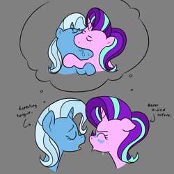 Size: 1155x1155 | Tagged: artist needed, source needed, safe, derpibooru import, starlight glimmer, trixie, pony, unicorn, g4, blush lines, blushing, drool, duo, duo female, ears back, female, gray background, horn, imminent kissing, kissing, lesbian, making out, meme, shipping, simple background, startrix, sweat, sweatdrop, sweatdrops, thought bubble, worried