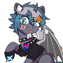 Size: 2900x2900 | Tagged: safe, artist:resoi, derpibooru import, oc, oc only, oc:elizabrat meanfeather, alicorn, bat pony, bat pony alicorn, pony, :p, alicorn oc, bat pony oc, bat wings, bisexual pride flag, choker, clone, clothes, commission, ear piercing, earring, female, fingerless gloves, gloves, horn, jacket, jewelry, leather, leather jacket, mare, piercing, pride, pride flag, scotland, simple background, solo, spiked choker, sticker, tongue, tongue out, white background, wings, ych result