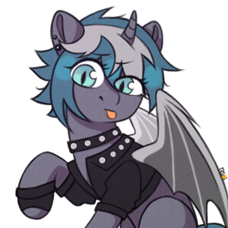 Size: 2900x2900 | Tagged: safe, alternate version, artist:resoi, derpibooru exclusive, derpibooru import, oc, oc only, oc:elizabrat meanfeather, alicorn, bat pony, bat pony alicorn, pony, :p, alicorn oc, bat pony oc, bat wings, choker, clone, clothes, commission, ear piercing, earring, female, fingerless gloves, gloves, horn, jacket, jewelry, leather, leather jacket, mare, piercing, simple background, solo, spiked choker, tongue, tongue out, white background, wings, ych result