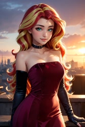 Size: 1024x1536 | Tagged: safe, ai content, derpibooru import, machine learning generated, sunset shimmer, human, g4, big breasts, blurry background, breasts, choker, city, cityscape, cleavage, clothes, cloud, cloudy, detached sleeves, female, humanized, long hair, looking at you, off shoulder, outdoors, pose, prompter:sammykun, solo, strapless, sun, sunset, sunset jiggler