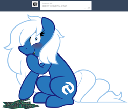 Size: 1280x1108 | Tagged: safe, artist:furrgroup, derpibooru import, oc, oc:microsoft edge, earth pony, pony, ask internet explorer, blushing, browser ponies, electronics, female, mare, nom, object vore, pica, random access memory, solo