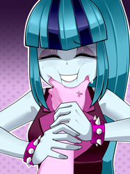 Size: 1500x2005 | Tagged: safe, artist:nekojackun, derpibooru import, aria blaze, sonata dusk, human, g4, bangs, cross-popping veins, emanata, eyes closed, female, fingernails, hand, lip gloss, meme, nails, nervous, nervous smile, ponytail, smiling, spikes, squishy cheeks, wrist cuffs