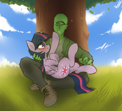 Size: 2181x1984 | Tagged: safe, artist:anonymous, derpibooru import, twilight sparkle, twilight sparkle (alicorn), oc, oc:anon, alicorn, human, pony, g4, blushing, clothes, comfy, cute, drawthread, duo, female, holding a pony, human male, looking at each other, looking at someone, male, man, mare, outdoors, shoes, sitting, sitting on grass, smiling, smiling at each other, touching chin, tree, twiabetes, under the tree