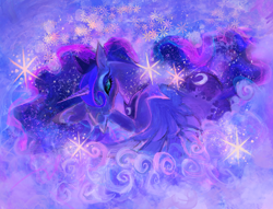 Size: 1280x978 | Tagged: safe, artist:eyerealm, derpibooru import, princess luna, alicorn, pony, g4, abstract, abstract background, blue eyes, blue eyeshadow, blue sclera, colored, colored eyelashes, crown, ethereal mane, ethereal tail, eyelashes, eyeshadow, female, glowing, glowing eyes, head down, hoof shoes, horn, jewelry, lidded eyes, long horn, lying down, makeup, mare, multicolored mane, multicolored tail, no mouth, no pupils, painterly, peytral, princess shoes, profile, prone, purple coat, purple eyelashes, regalia, solo, sparkles, starry mane, starry tail, tail, thick eyelashes, tiara, unicorn horn, wavy mane, wavy tail, wings, wings down
